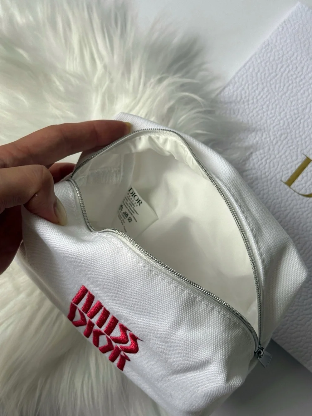 Miss Dior White Canvas Pouch with Pink 'Miss Dior' Embroidery New